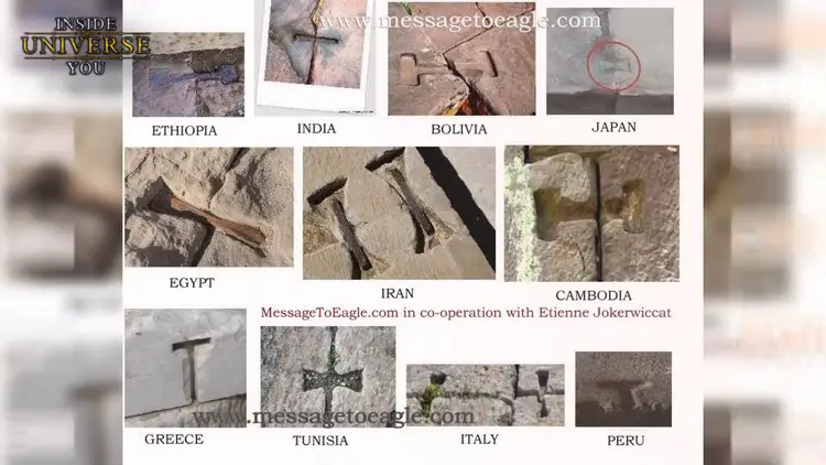 Tableau comparatif de clamps métalliques incrustés dans des blocs de pierre, dans différents pays.