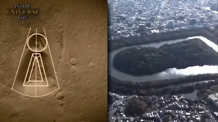 Comparaison de la structure sur Mars avec un kofun japonais, schémas à l'appui