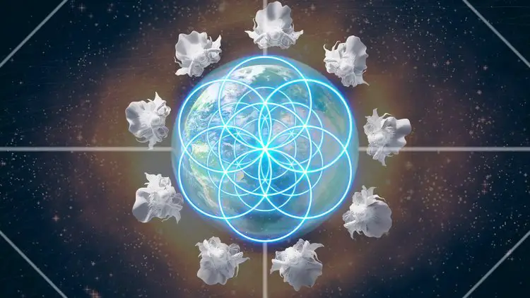 Schéma de la géométrie sacrée (Fleur de Vie) illustrant l'organisation des Seigneurs de Lumière et des Ténèbres.