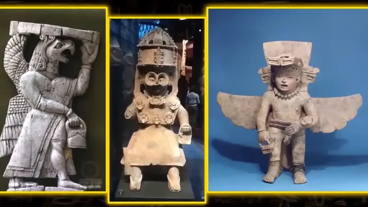 Collage de diverses statues anciennes provenant de différentes régions, mettant en évidence la répétition du motif du sac à main.