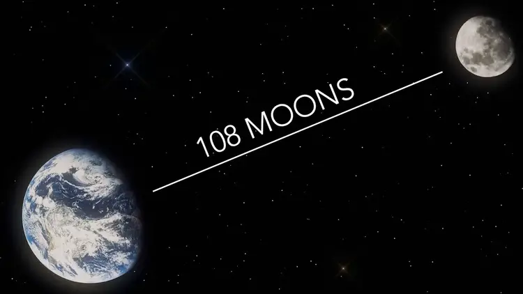 Schéma illustrant la distance entre la Terre et la Lune, égale à 108 diamètres lunaires.