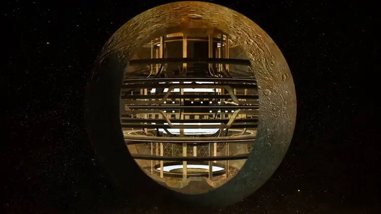 Pamje tërthore e Hënës që tregon një strukturë të brendshme artificiale dhe komplekse, duke ilustruar teorinë e një trupi qiellor të projektuar.