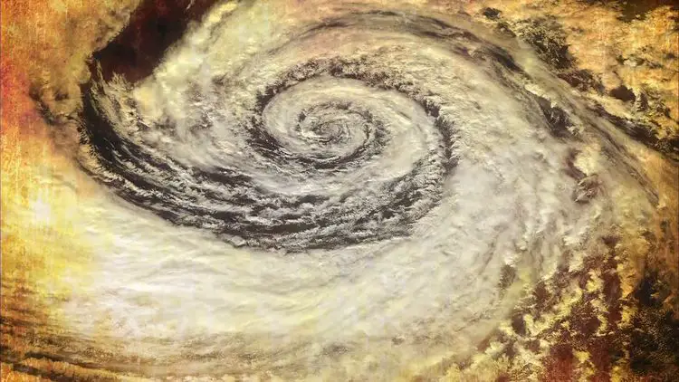 Représentation artistique d'un tourbillon atmosphérique ou d'un phénomène météorologique violent illustrant les cataclysmes du Dryas récent.