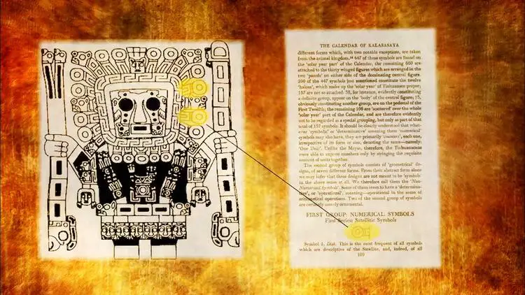 Gros plan sur une gravure ancienne du calendrier de Tiwanaku, utilisée pour argumenter sur l'existence d'un corps céleste précédent la Lune.