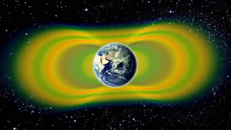 Schéma scientifique illustrant les ceintures de radiations de Van Allen entourant la Terre, en lien avec l'idée d'une émission de radiation par la Lune.