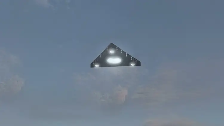 Vue d'un grand vaisseau spatial noir de forme triangulaire survolant le chantier naval.