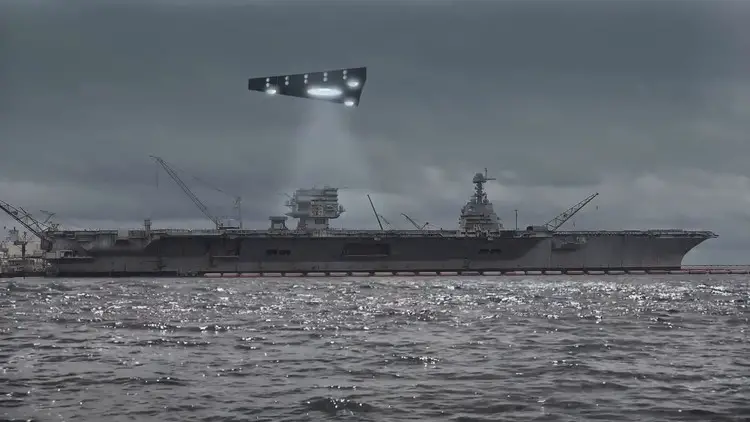 Le vaisseau triangulaire émet un faisceau lumineux au-dessus d'un porte-avions dans le chantier naval.