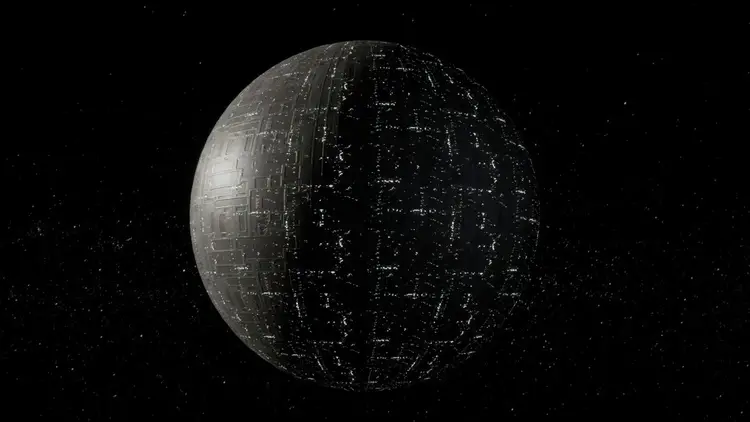 Vue spatiale d'une immense structure en forme d'œuf, identifiée comme la biosphère de l'Omicron Commonwealth.