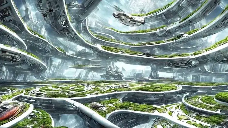 Vue intérieure de la biosphère montrant une architecture futuriste avec des espaces verts et des structures circulaires.