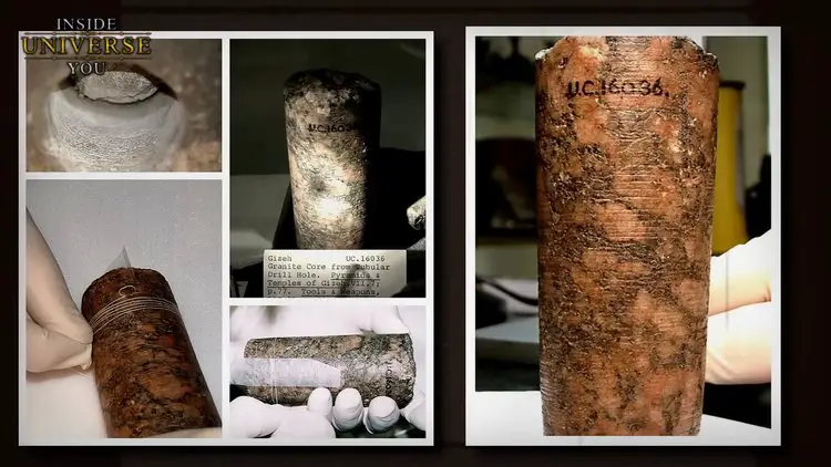 L'artefact'Core 7' montrant une rainure en spirale continue et parfaitement espacée, signe d'une technologie de forage rotatif rapide.