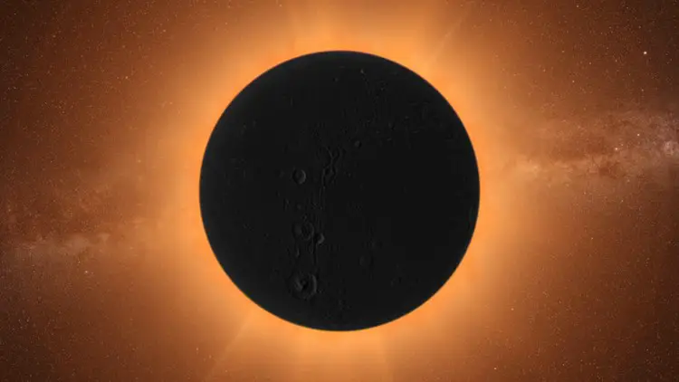 Animation illustrant une éclipse solaire totale, montrant la lune couvrant parfaitement le disque solaire.
