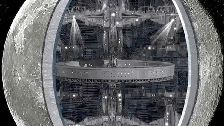 Représentation artistique de l'intérieur de la lune montrant des structures complexes et des bases, illustrant la théorie de la lune creuse.
