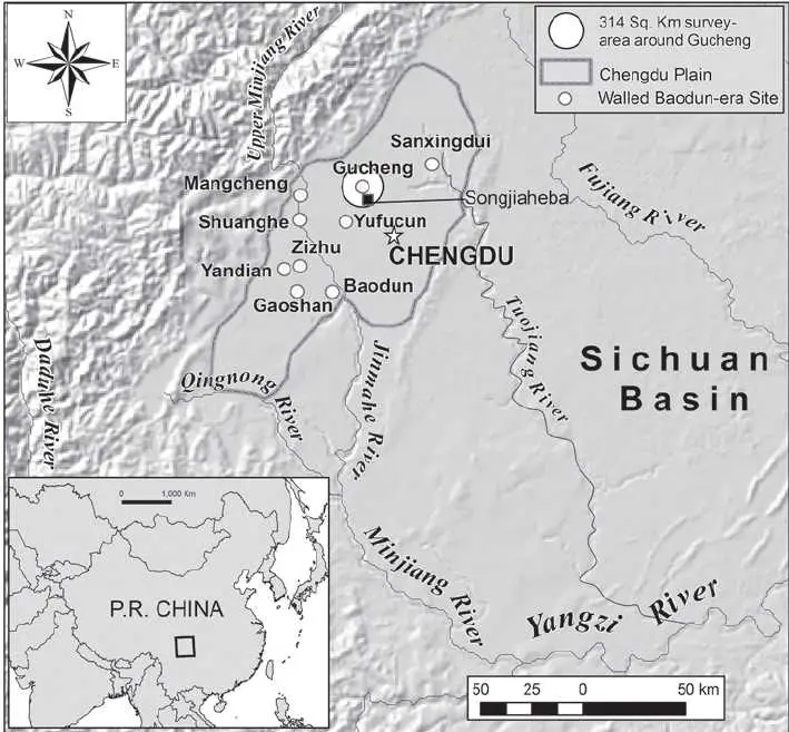 Carte de la plaine de Chengdu indiquant l'emplacement de Sanxingdui à Guanghan, Gucheng et