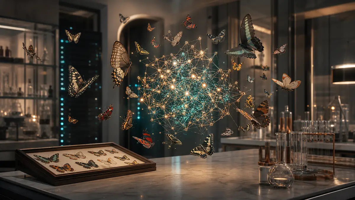Des papillons entourent un réseau neuronal illustrant Claude Fable 5.