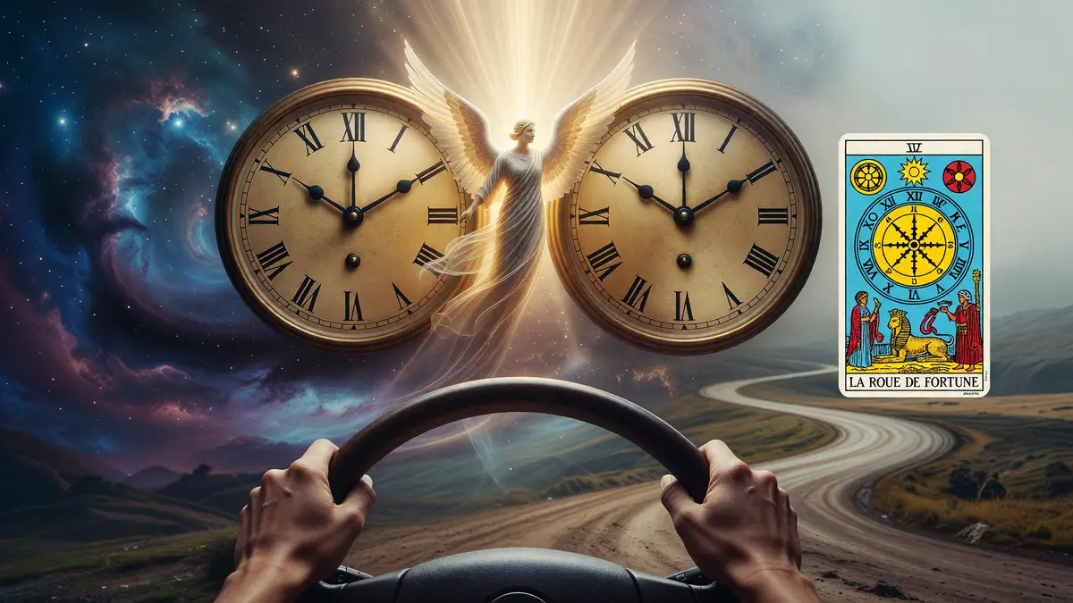 Des mains sur un volant face à une route avec des horloges indiquant 10h10 signification et un ange dans le ciel
