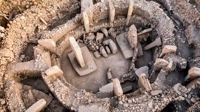 Vue aérienne du site archéologique de Göbekli Tepe en Turquie, montrant les piliers de pierre sculptés.