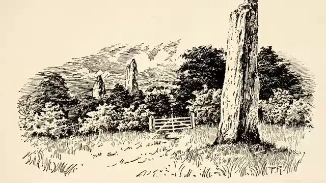 Illustration historique des Devil's Arrows à Boroughbridge, montrant les mégalithes dans leur environnement d'origine.